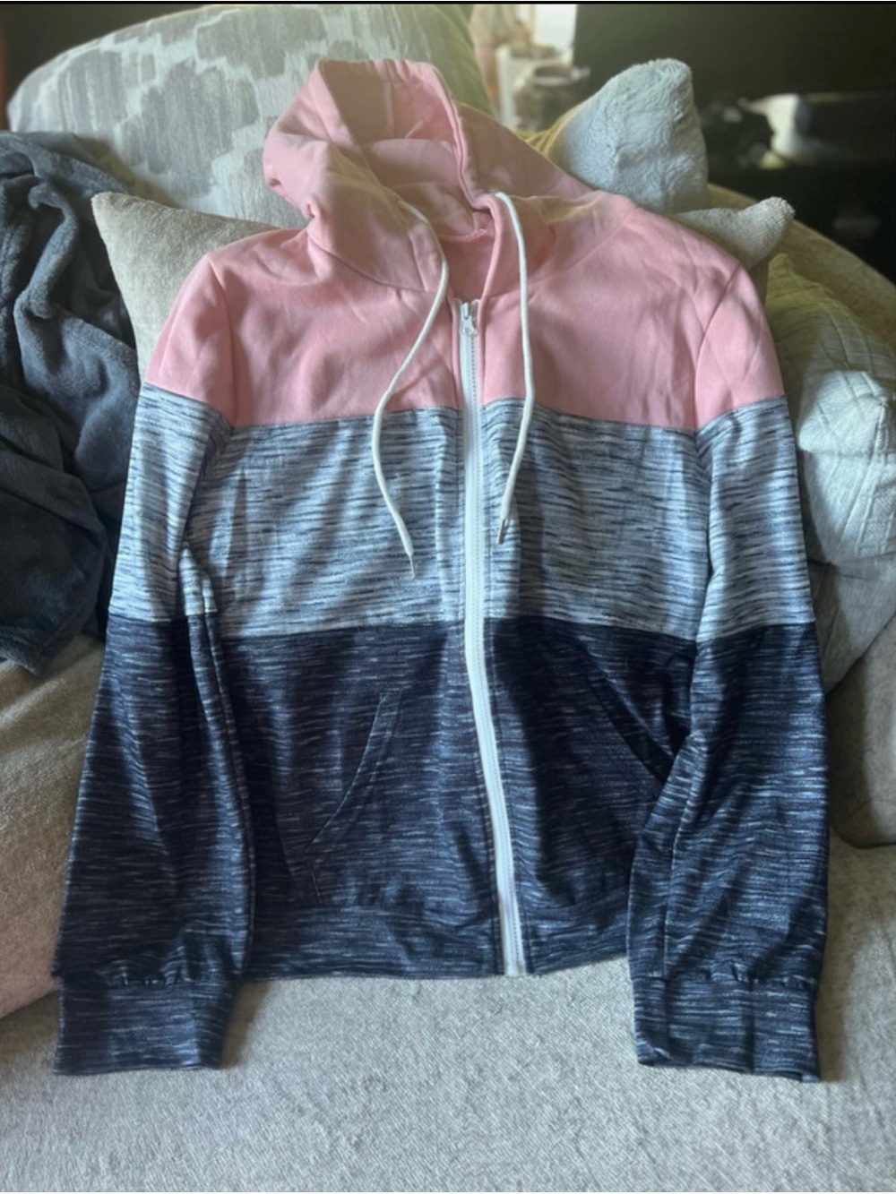 Pink, Light Gray & Black Hooded Zip-Up Jacket